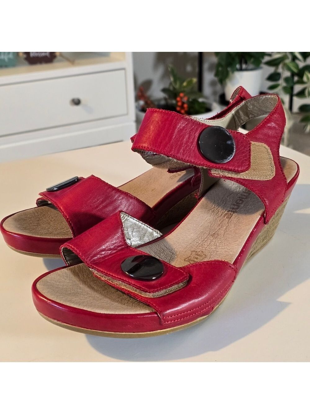 Remonte Red Leather Sandals with Black Accents Size 41
